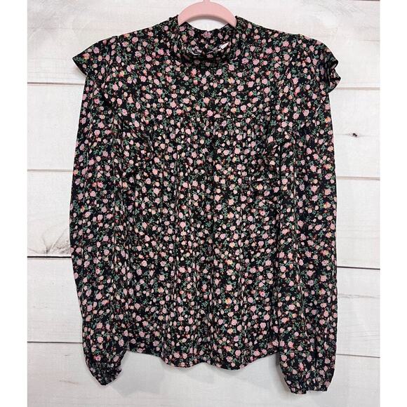 WAYF Anthropologie Long Sleeve Black Floral Top Size Large - Picture 1 of 7